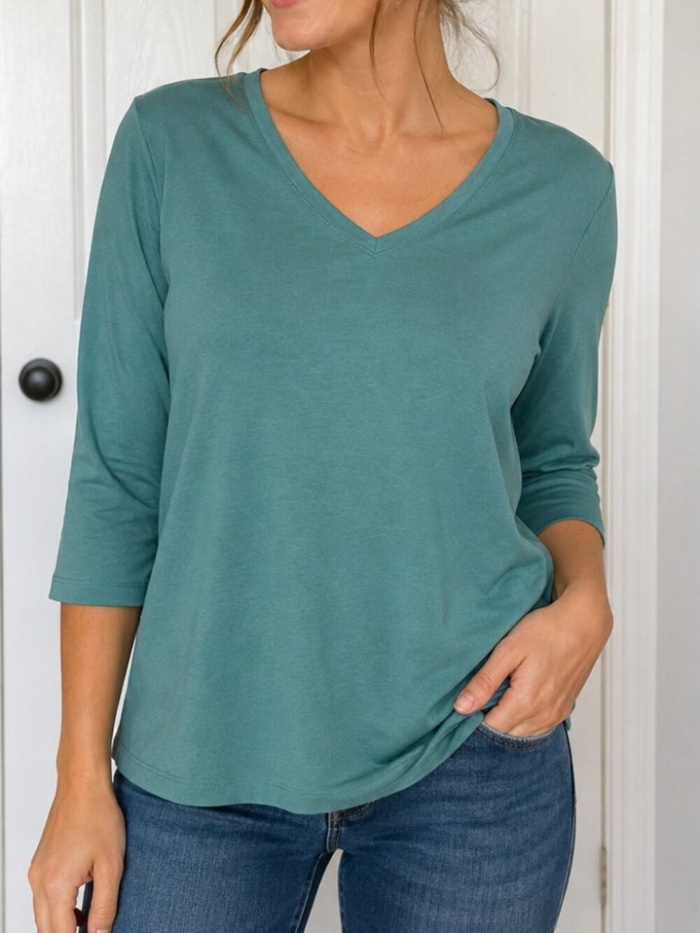L.L.Bean Women’s Medium Teal V-Neck 3/4 Sleeve Top Casual Shirt